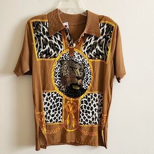 The Red Tree Vintage Brown Leopard Print Shirt Shoulder Pads Collared Medium